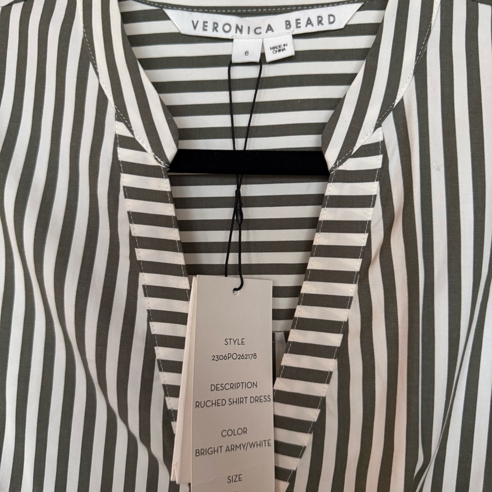 NWT ⭐️ VERONICA BEARD Ruched Striped Shirt Dress – Size 6 – Army Green/White - Picture 6 of 7